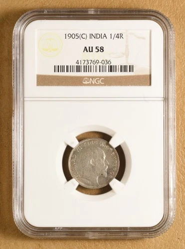 1905 C India 1/4 Rupee NGC AU58