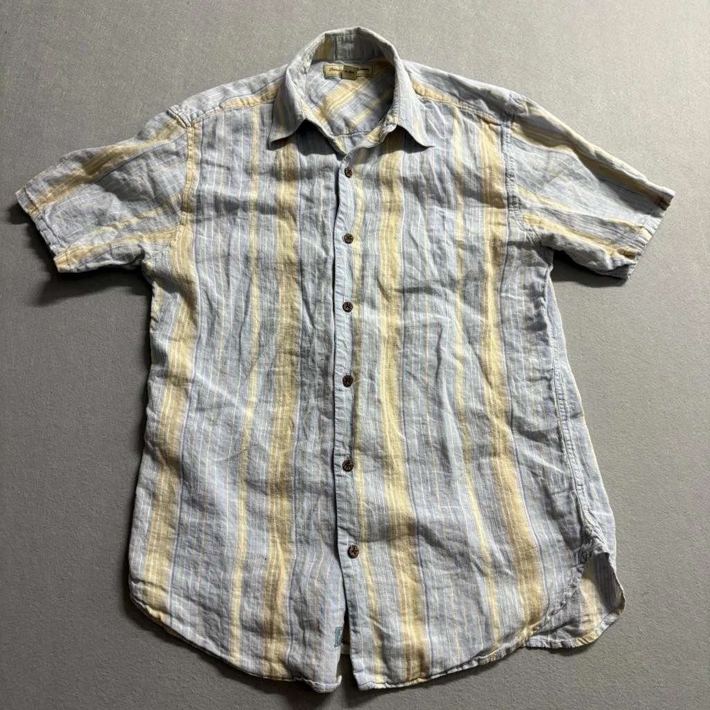 Tommy Bahama Shirt Mens Medium Blue Yellow Striped 100% Linen Short Sleeve
