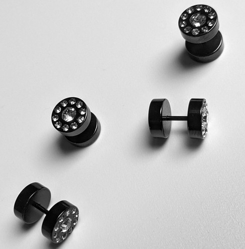 1x Fake Tunnel Plug Piercing Titan black Zirkonia weiß Ohrstecker Ohrringe neu - Bild 3 von 3
