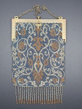 Vintage Beaded Blue Orange Micro Bead Purse Evening Bag with Twist Fringe