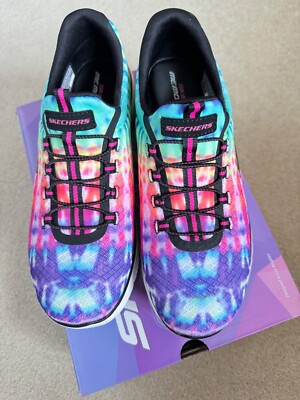 WORN ONCE:SKECHERS WOMENS SLIP ONS UK US LOOKING GROOVY  BLACK/MULTI UK