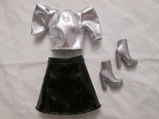 Barbie Looks 10 Outfit Silver Tone Top Shoes Black Faux Patent Leather Skirt