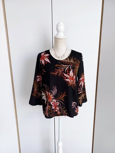 ✨️ Schwarz-rot Geblümte Bluse ❣️ Dreiviertel-Arm Business Blogger Vintage...