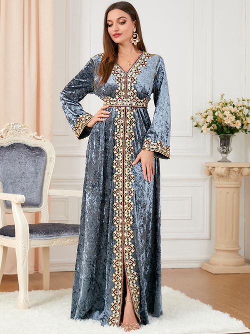 Velvet Muslim Dress Women Abaya Embroidery Morocco Party Dress Winter  Thicken | eBay