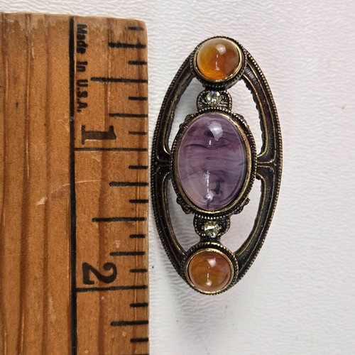 Vintage Oval Brooch With Purple & Amber Stones - Picture 3 of 3