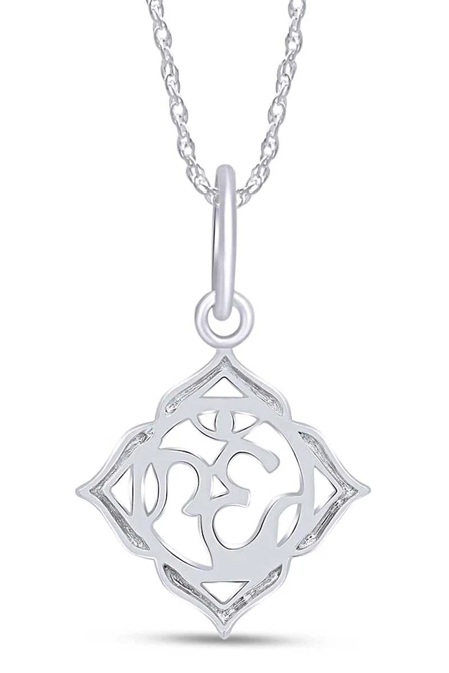 Pingente de sinal de oração Aum-Om 18" colar folheado a ouro branco 14K prata - Imagem 3 de 4