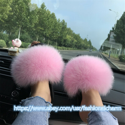 Pink Real Fox Fur Slides Women's Slippers Sliders Summer Beach Sandels  Shoes