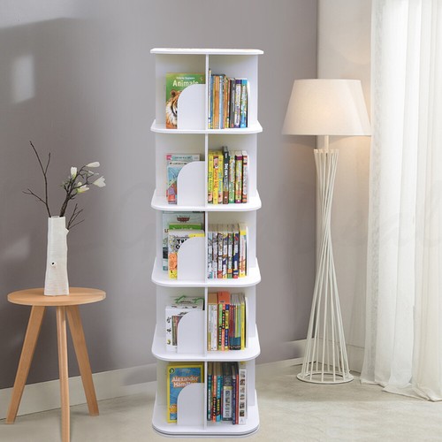5 Tiers 360 Degree Rotating Swivel Bookshelf Bookcase Shelves White 159cm Square - Picture 3 of 5