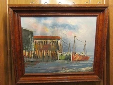NICE 21 X 25  BOAT DOCK IMPRESSIONIST PAINTING, SIGNED