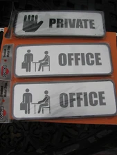 Brand New - Cosco Brushed Metal Signs, OFFICE  3" x 9"- 2 & PRIVATE Sign, 3"x 9"