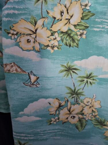 VINTAGE Ho Aloha Hawaiian Mens Blue Green Short Sleeve Button Floral Camp M - Picture 4 of 6
