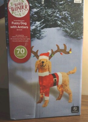 32  Tinsel Dog Goldendoodle Lab Antlers Light Up Fuzzy Christmas Indoor Outdoor 