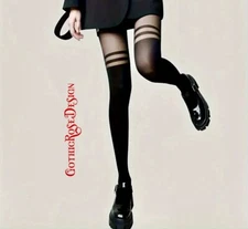 Black Opaque Over The Knee Thigh Stripe Tights, Edgy Gothic Punk Kawaii