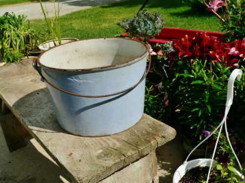 Ancienne casserole en granit porcelaine fonte 10 qt bouilloire décor de jardin  - Photo 1 sur 4