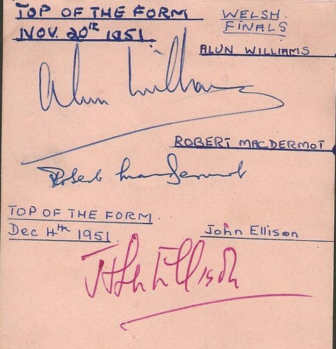 ALUN WILLIAMS J ELLISON R MACDERMOT BBC TOP OF THE FORM 1951 AUTÓGRAFOS ORIGINALES - Imagen 2 de 2