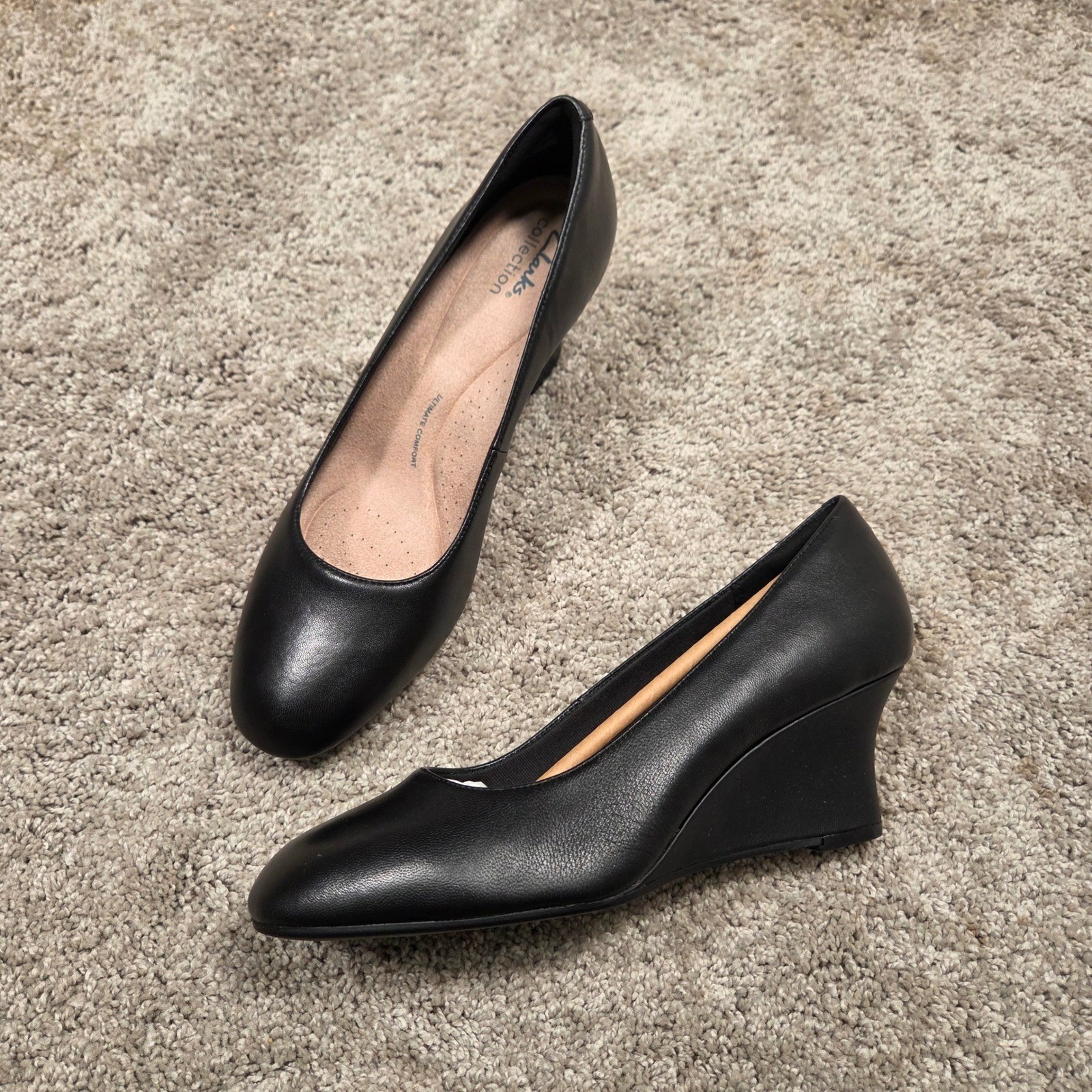 Clarks Olivette Pearl Leather Wedge Pumps Women's 10W Black Comfort Work Shoes