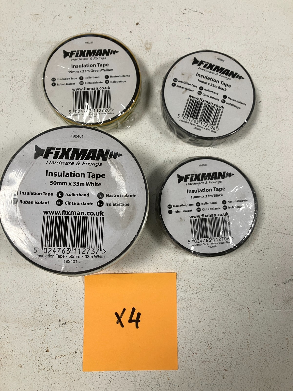 4X INSULATION TAPE 19+50mm x 33m Black White Green/Yellow  Fixman 192069