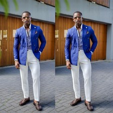 Blue Men's Suits Peak Lapel Double Breasted Formal Wedding Tuxedo Prom 2Pieces