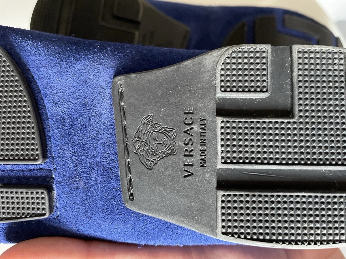 Mocasines para hombre Versace gamuza azul con hebilla, informales sin cordones punta almendra
