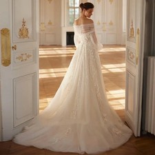 Shiny Wedding Dress Without Shoulder Straps Detachable Fluffy Sleeve Bridal Gown