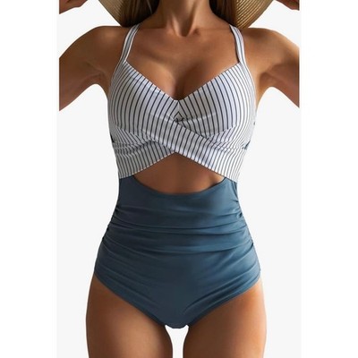 Eomenie Womens One Piece Swimsuit Striped Cutout Monokini Blue White Size S NWT