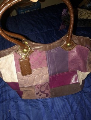 Coach Patchwork Satchel Top Handle Purple Brown Gold Hardware Zip Charm Medium