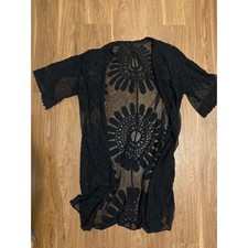 Black Sheer Mesh Floral Embroidered Kimono Cardigan Lace Trim 1 Size boho beach