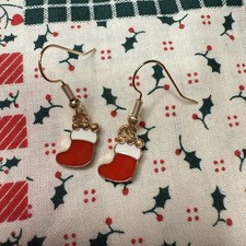 Enamel Holiday Earrings Stocking Dangle Drop Red White Treat Sock Xmas New