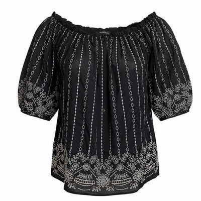 Boston Proper Black/ Gold Shimmer  Off Shoulder Eyelet Puff Slv Top  Small