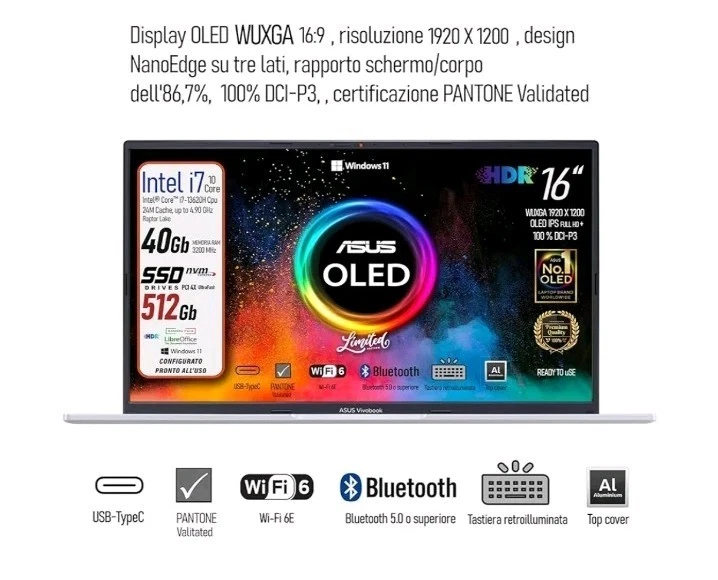 ASUS Notebok Vivobook OLED 16" , Intel I7 13620H, Ram 40Gb, SSD Da 512 GB - Immagine 2 di 4