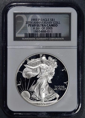 1993-P $1 AMERICAN SILVER EAGLE PROOF 20th Anniv Set 1 oz 999 NGC PF 69 UC A6428