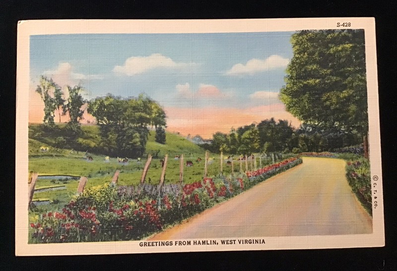 GREETINGS FROM HAMLIN WEST VIRGINIA VTG LINEN POSTCARD, COUNTRY ROAD SCENE, FARM