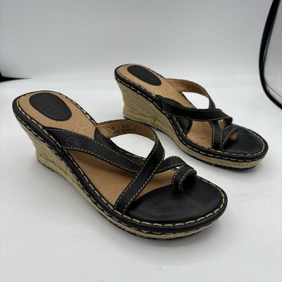 Born Sandals Womens Size 9 Black Leather Espadrille Wedge Heel Mule Toe Loop