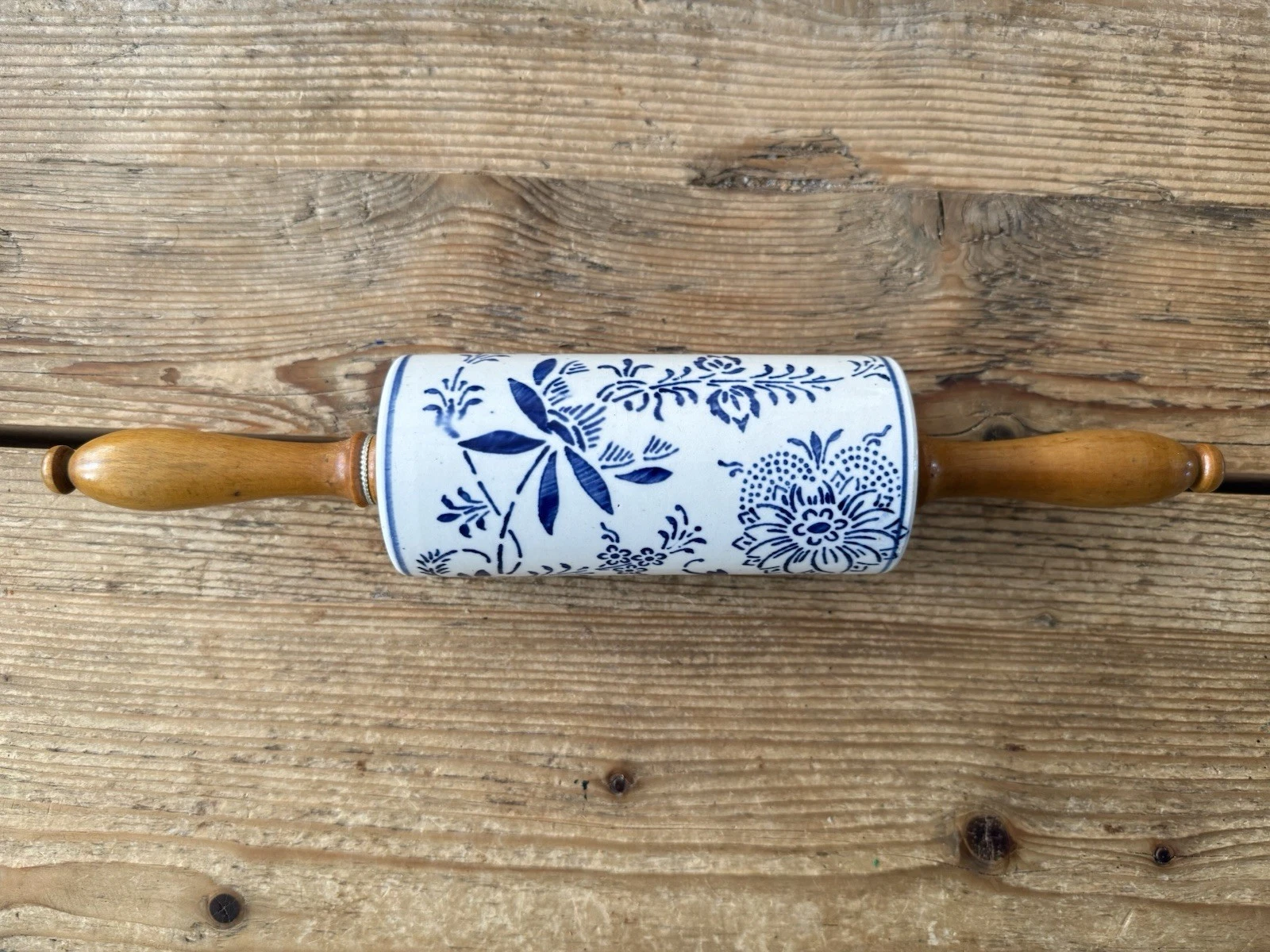 Ceramic Rolling Pin Floral Blue White Brown With Handle Germany