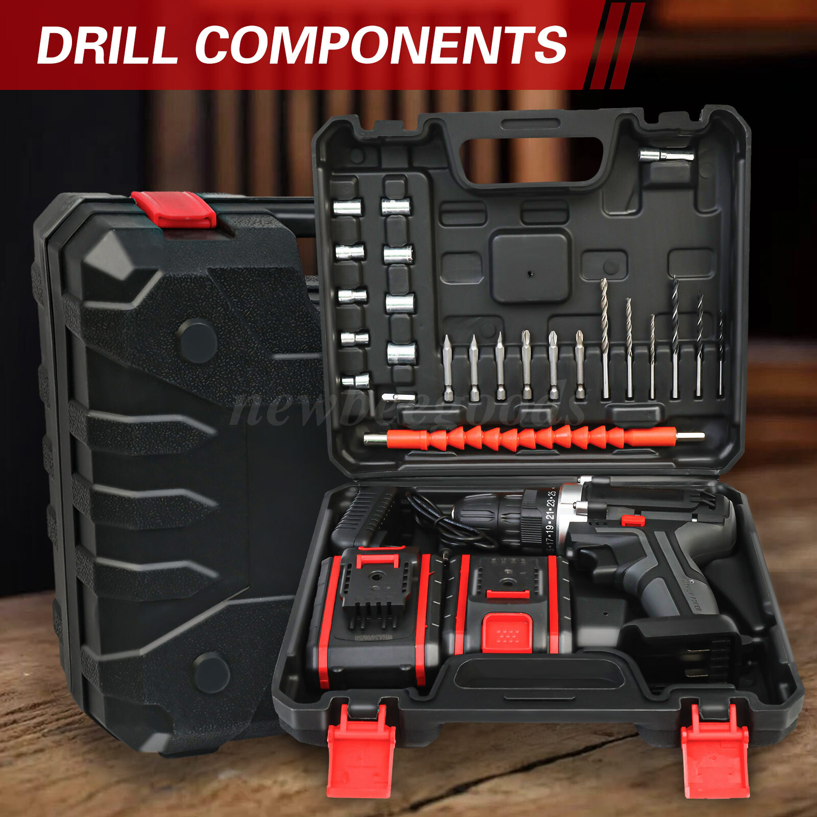 21V Electric Drill 3/8in Power Cordless Screwdriver 30PCS Drill Set w/2Battery