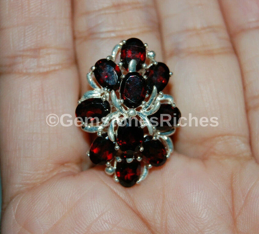 Anillo de plata de ley 925 granate piedras preciosas banda de flores cóctel talla 9 Foto 2 de 4