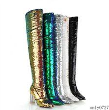 Women's Bling Bling Glitter Sequins High Clear Heel Over Knee High Boots Shoes