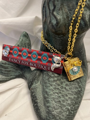 PEARL SHELL BOOK GOLD LOCKET TEAL TURQUOISE FLOWER SEA OCEAN NECKLACE - Picture 7 of 7