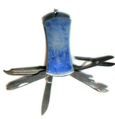 Compliments Knife Multi Tool Blades Hourglass Shaped Handle Hunting Camping Blue