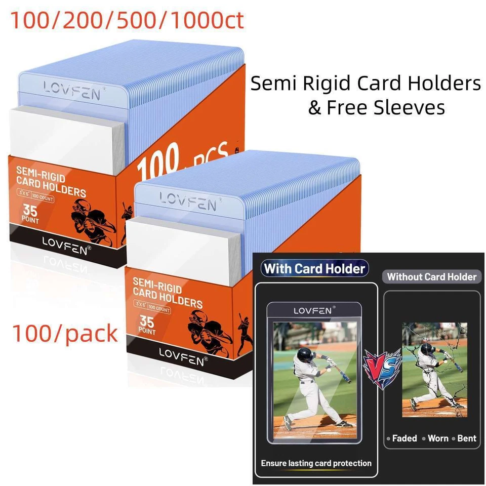 LOVFEN 100/200/500/1000CT Semi Rigid Card Holders + Free Sleeves For 35pt Trading Cards
