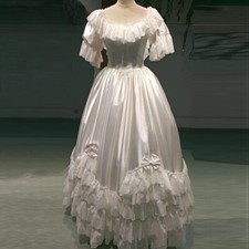 Vintage White Satin Flower O Neck Ruffles Little Bow Short Sleeve Wedding Dress
