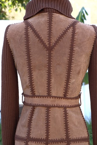 Gabardina de mujer vintage larga marrón gamuza y ganchillo cuello tortuga M - Imagen 7 de 15