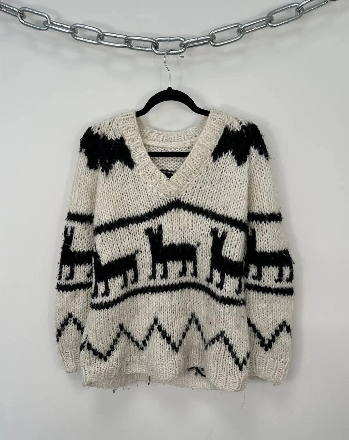 Vintage 90s Lana Abstract Art Wool V-Neck Knit Sweater