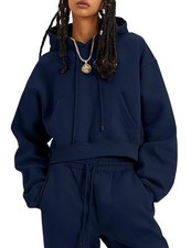 Womens Fleece 2 Piece Outfits Sweatsuit Crop Top and Pants Hoodie Tracksuit S...
