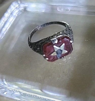 Antique White Gold Filigree Ring Sz Women's Eastern Star Masonic 1920s  Ruby?