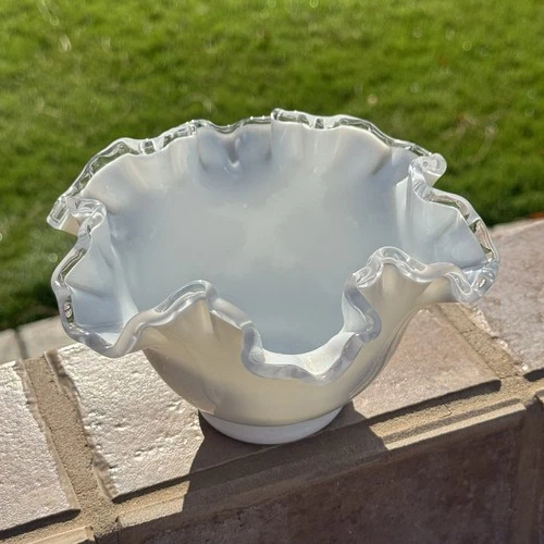 Vtg Fenton Milk Glass Ruffled Bowl Clear Crest Spanish Lace Edge White 7" Smooth