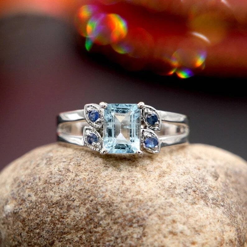 Natürlich Aquamarin und Blau Saphir Edelstein Ring 925 Sterlingsilber Ring C187 - Bild 4 von 4