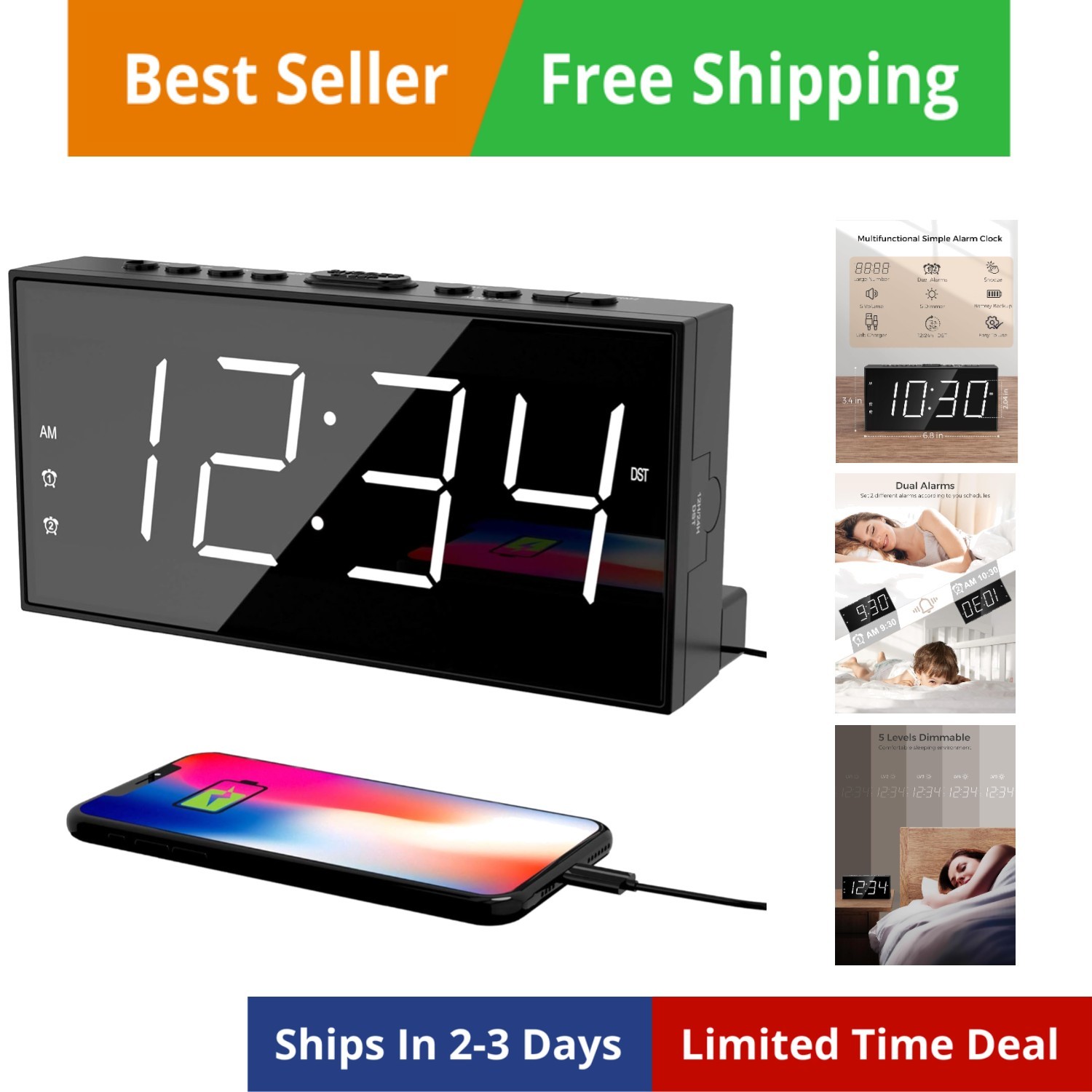 For Bedroom, 2 Alarms Loud Led Big Display Plug In Simple Ba