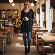 SOFT SURROUNDINGS Tunic Sz Large Black Layer Look V-Neck Minimalist Feminine Lux