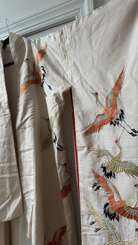 vintage japanese formal kimono Embroidered Cranes And Gold Silk - Picture 2 of 13
